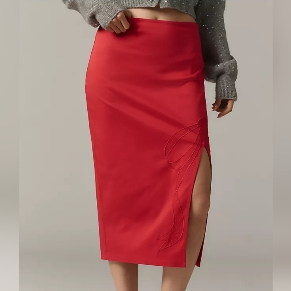 Anthropologie Maeve Bombshell Bow Midi Pencil Skirt In Red Size Large NWT - Picture 5 of 14